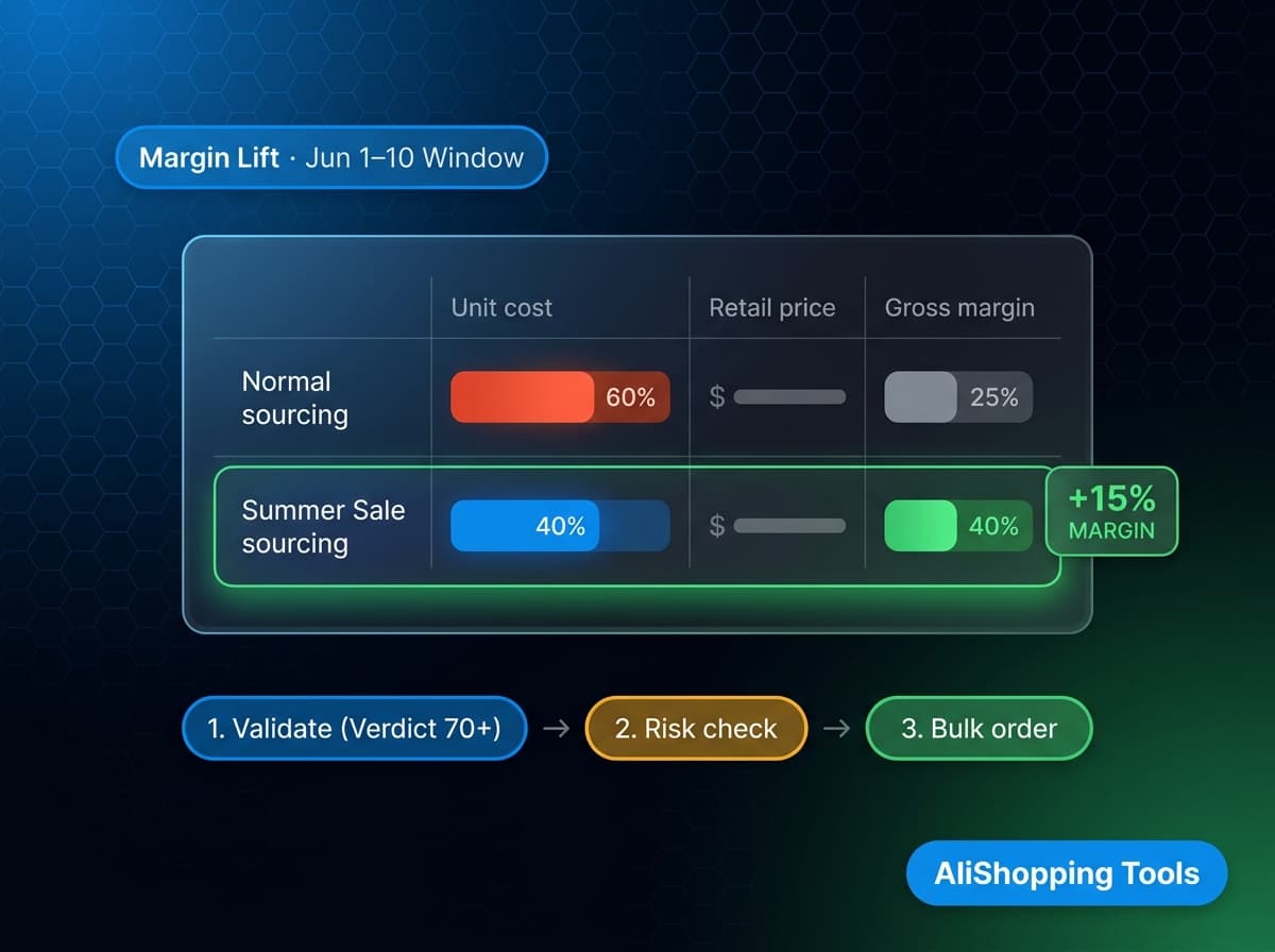 Dropshipping margin improvement during AliExpress Summer Sale — cost reduction matrix comparing normal sourcing vs sale sourcing unit costs and gross margin lift with three-step validation workflow
