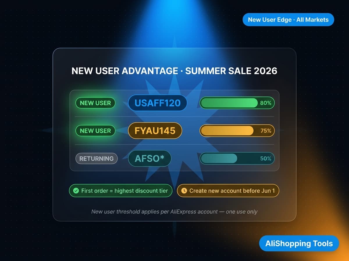 New user promo codes for AliExpress Summer Sale 2026 — US NEWUSOFF series valid until June 30 and UK UKNEW series valid until July 9, extended validity beyond the main sale window