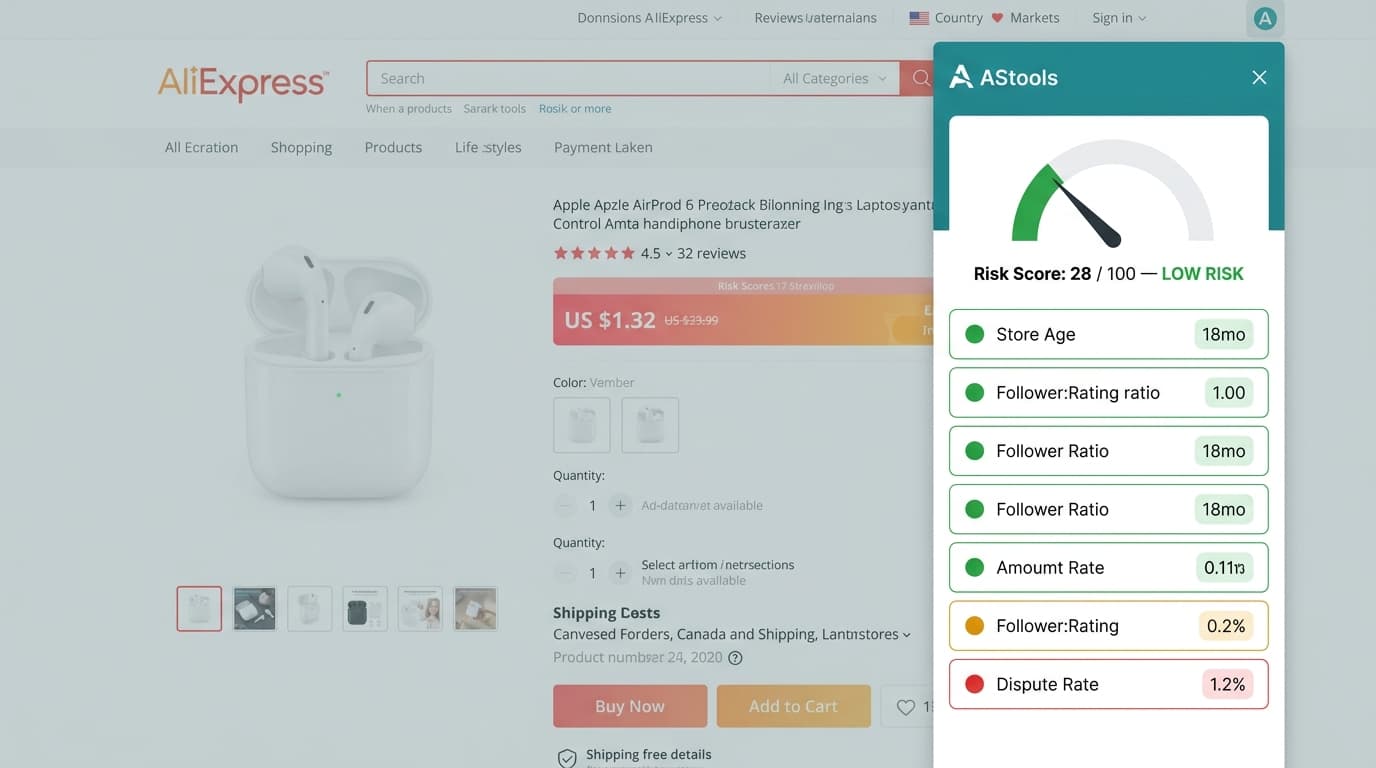 Annotated AliExpress seller-page header showing the follower count vs rating count with the suspicious-mismatch threshold flagged — placeholder mockup pending FE-news image refresh