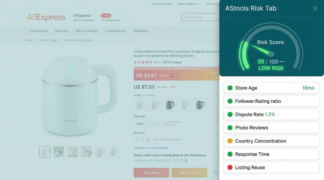 AStools Risk tab composite score with the seller-page sub-signals visible side-by-side — placeholder mockup pending FE-news image refresh