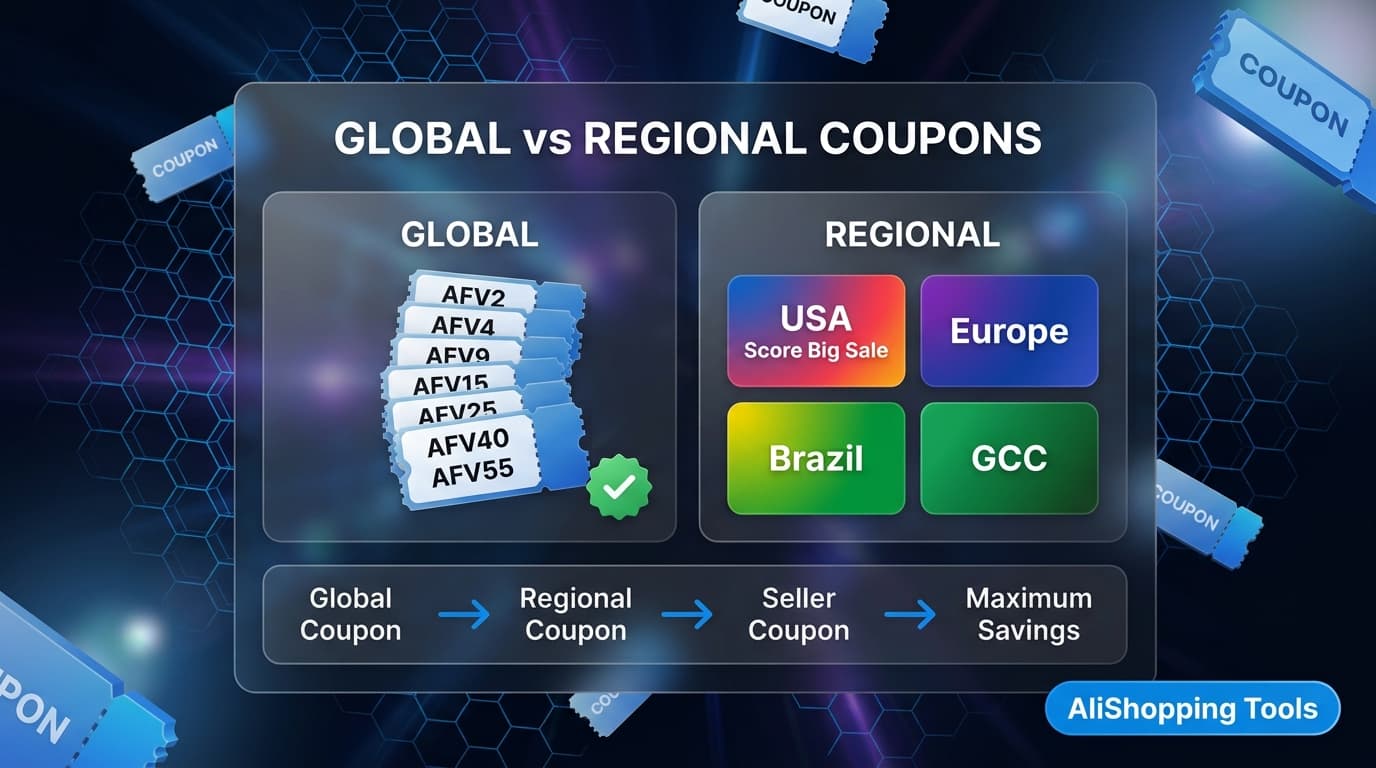 Global vs regional AliExpress coupons — global AFV code stack and regional USA, Europe, Brazil and GCC codes