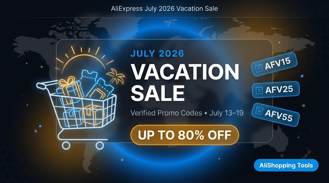 AliExpress Vacation Sale July 2026 banner showing the promotion with up to 80% off plus stackable promo codes