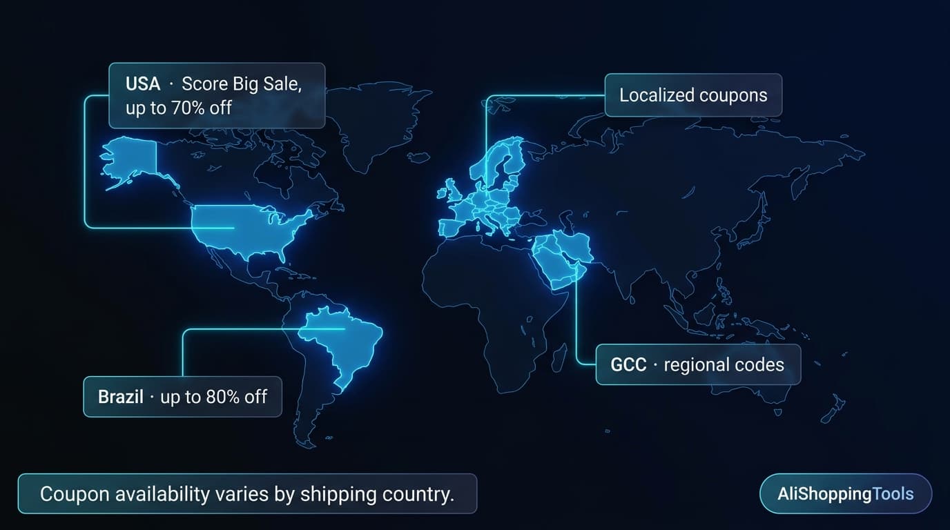 World map of AliExpress Vacation Sale coupon availability — USA up to 70%, Brazil up to 80%, Europe and GCC regional codes