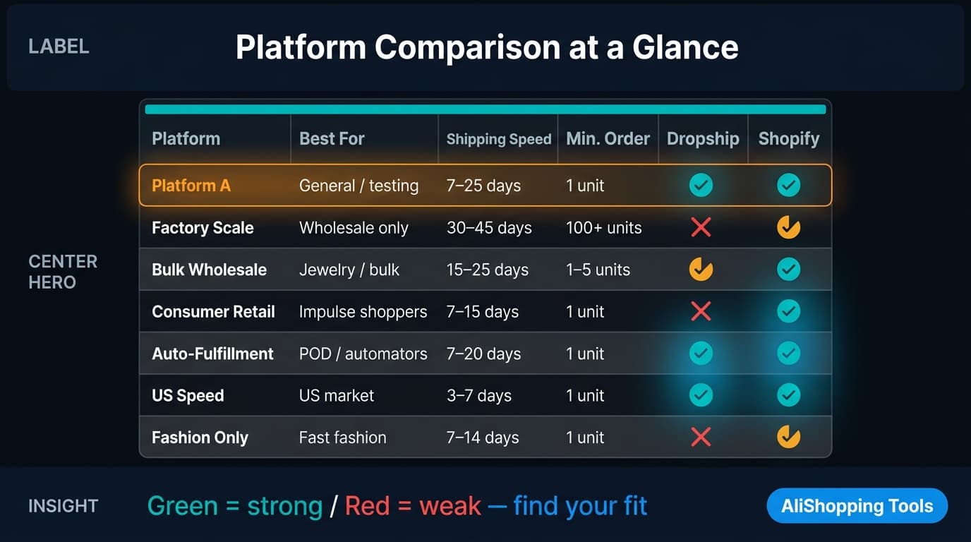 Detailed platform comparison table at a glance for all major dropshipping platforms