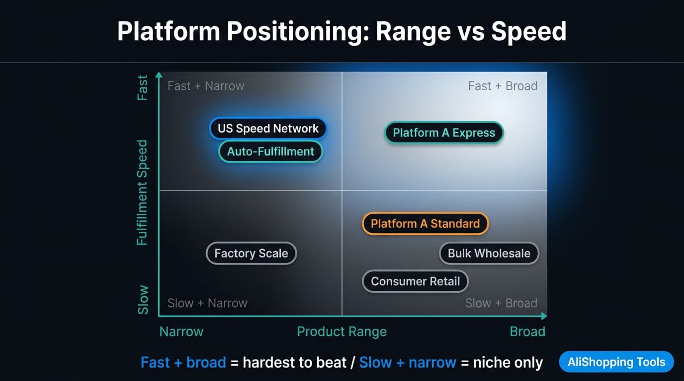 Platform positioning matrix showing range versus speed for dropshipping sources