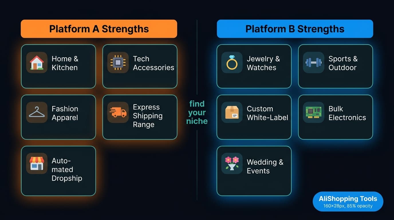 Platform category strengths grid comparing AliExpress and DHgate by product type