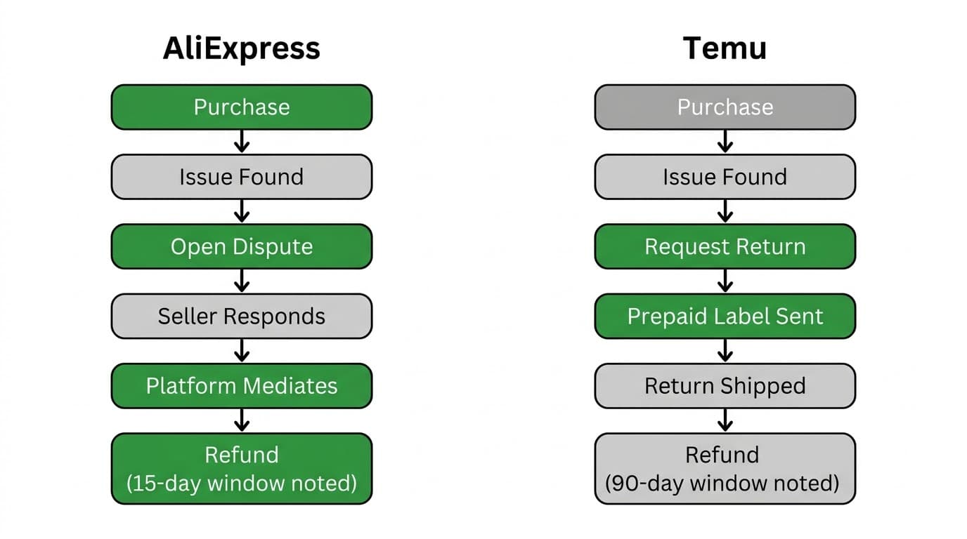 Buyer protection and return process flow for AliExpress vs Temu