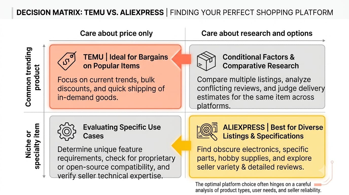 Decision matrix showing when to choose AliExpress vs Temu based on your shopping needs