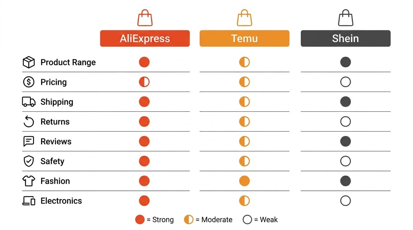 Three-way comparison table of AliExpress, Temu, and Shein for buyers in 2026