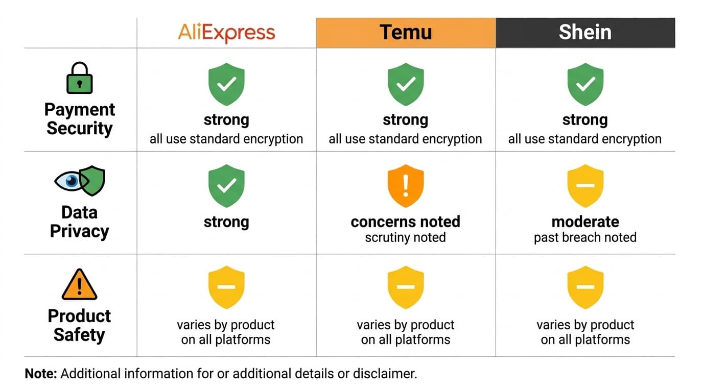 Safety comparison across AliExpress, Temu, and Shein — payments, privacy, product safety
