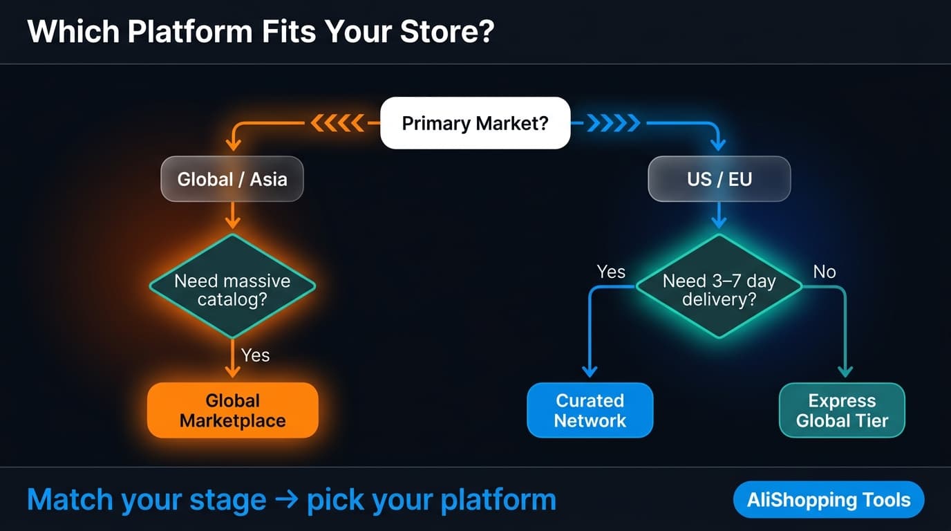 Decision flowchart for choosing between AliExpress and Zendrop for dropshipping