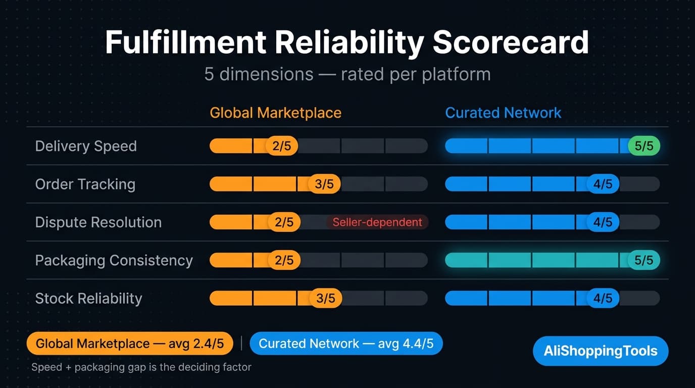 Fulfillment reliability scorecard comparing AliExpress and Zendrop performance