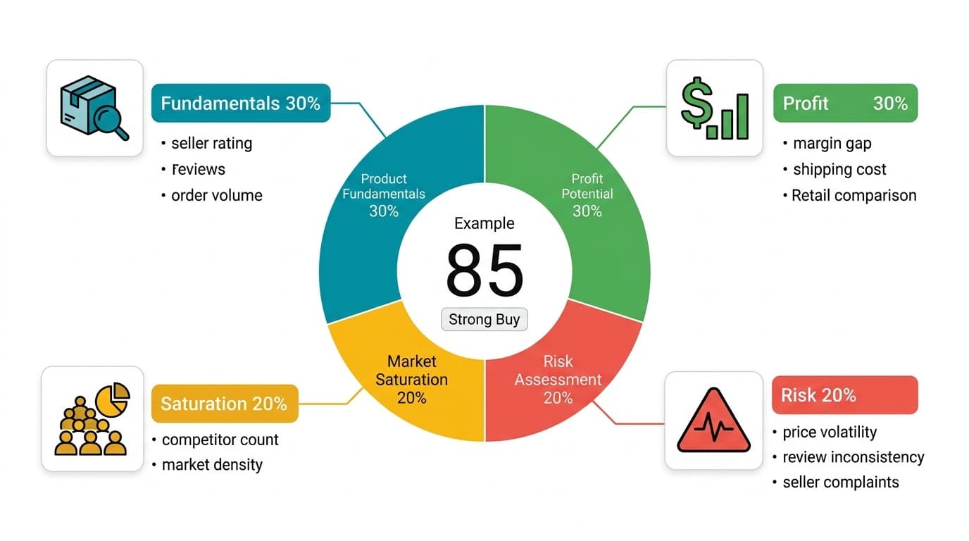 Four scoring dimensions — product fundamentals, profit potential, market saturation, and risk
