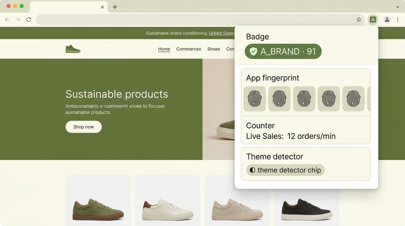 Allbirds Hydrogen storefront panel showing custom theme detector flag, Recharge subscription badge, Klaviyo + Yotpo Loyalty fingerprints, and the steady 8-14 orders/min live-sales counter