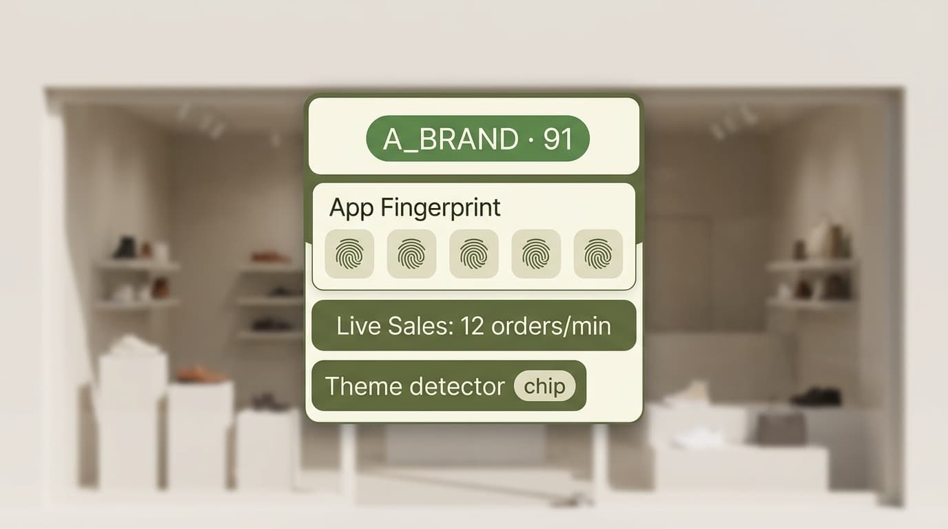 Veja editorial PDP panel showing modified Dawn theme detector, Mailchimp + Klarna fingerprints, lookbook-style PDP layout indicator, and the slower 3-7 orders/min steady live-sales counter