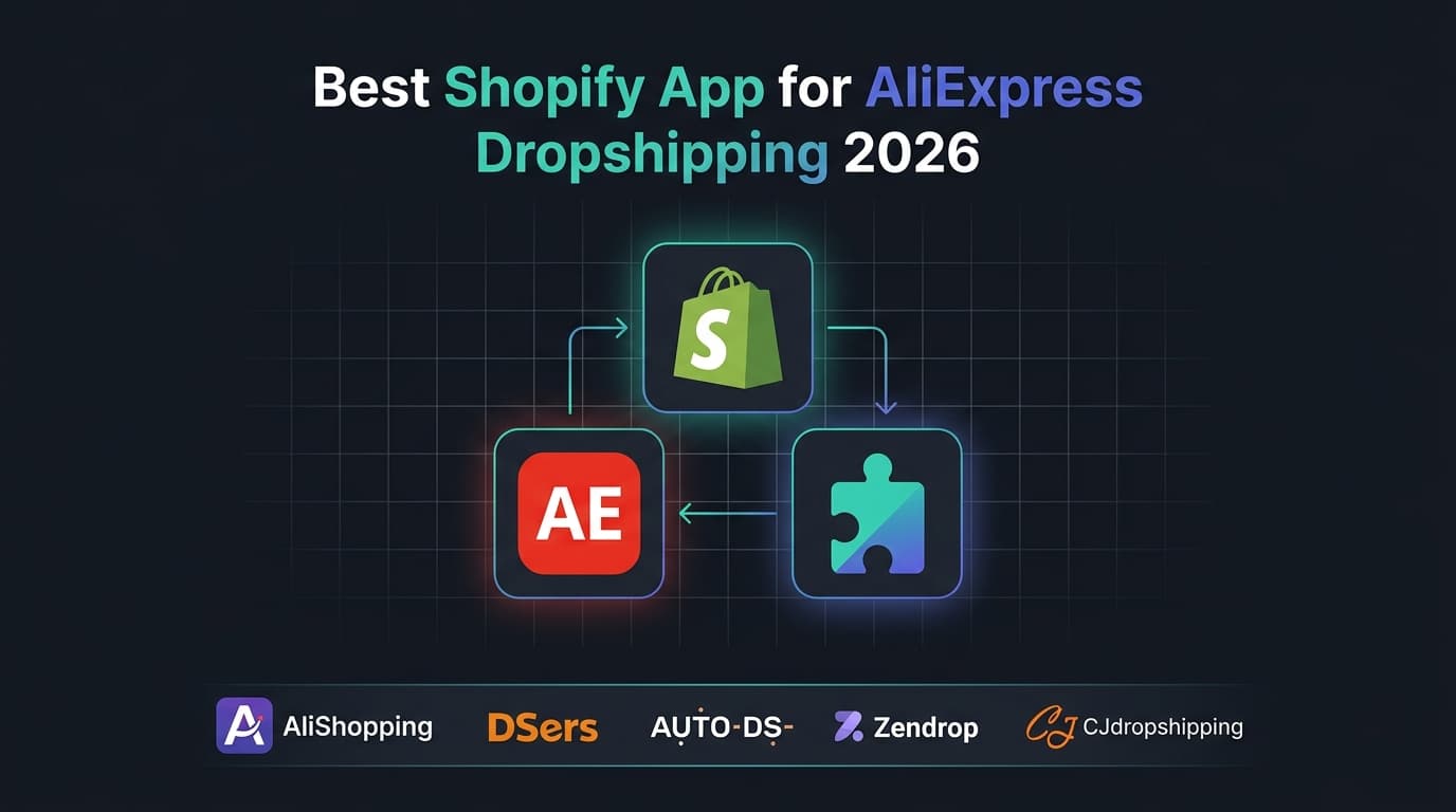 Hero — Shopify and AliExpress logos connected to a Chrome extension icon on a dark professional SaaS background