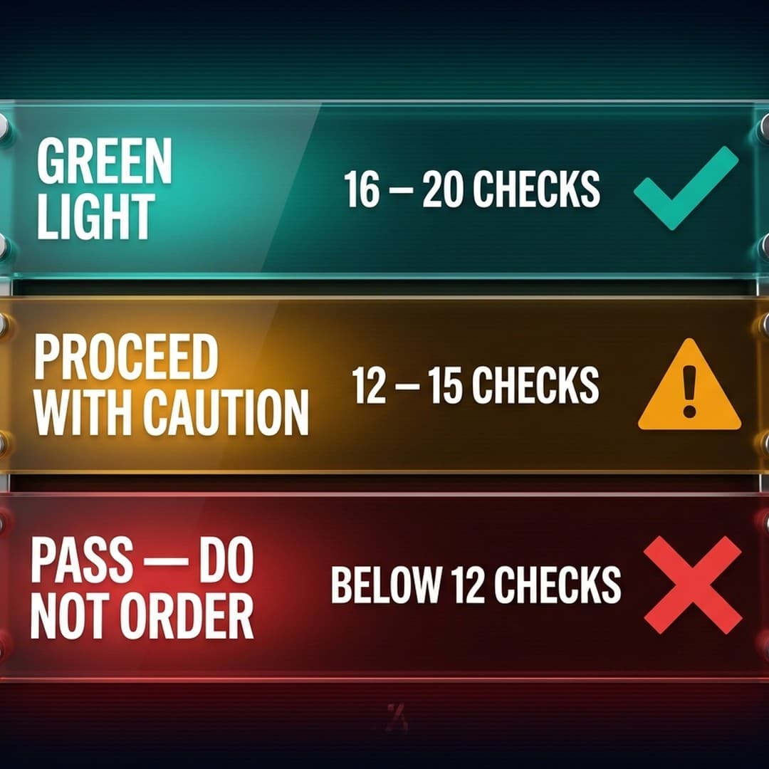 A decision tree diagram showing the Green Light / Proceed with Caution / Pass outcomes based on checklist score ranges