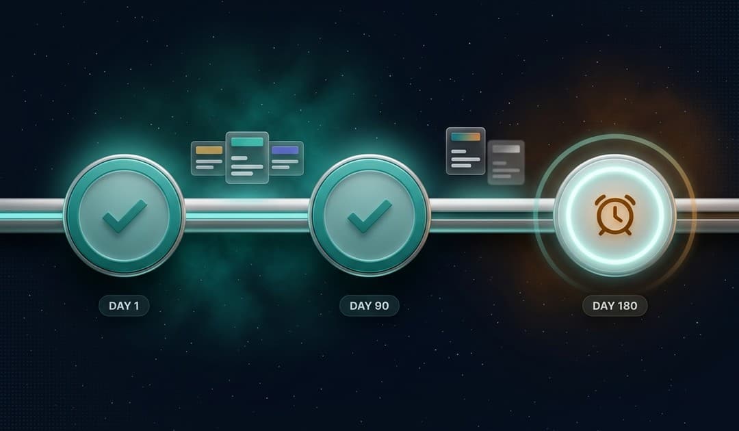 A horizontal timeline showing three 90-day review cycles with milestone nodes — two completed in teal, one upcoming in amber