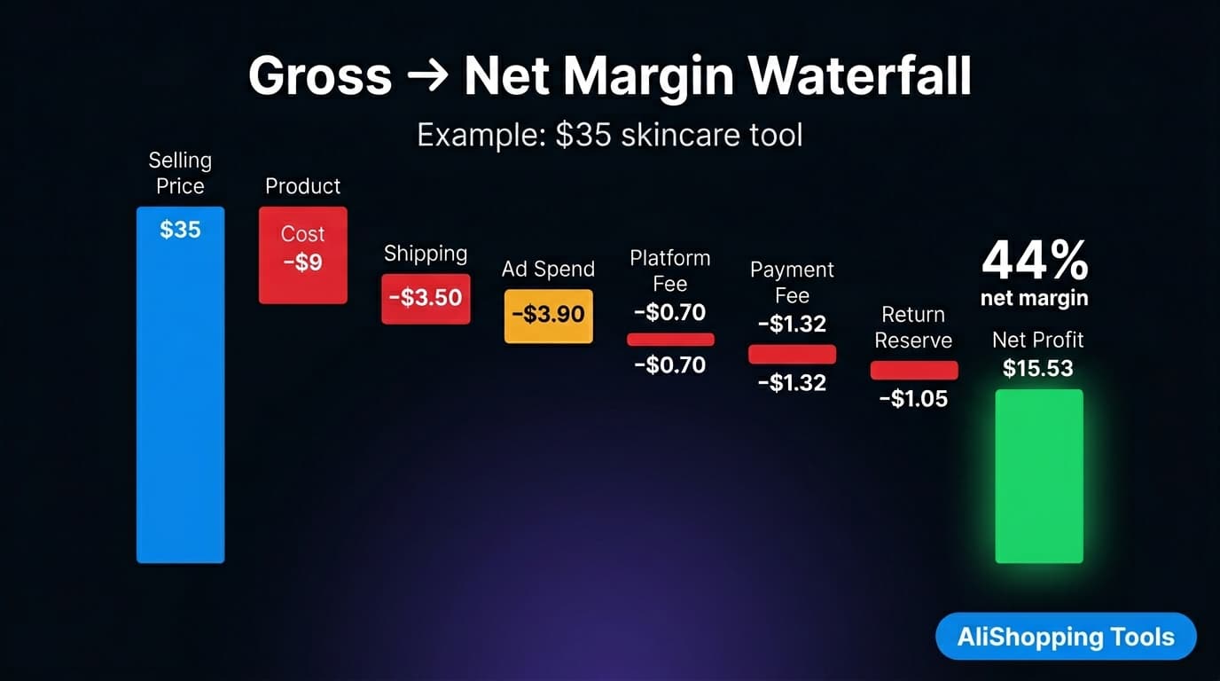 Profit margin waterfall breakdown showing cost deductions from revenue to net margin
