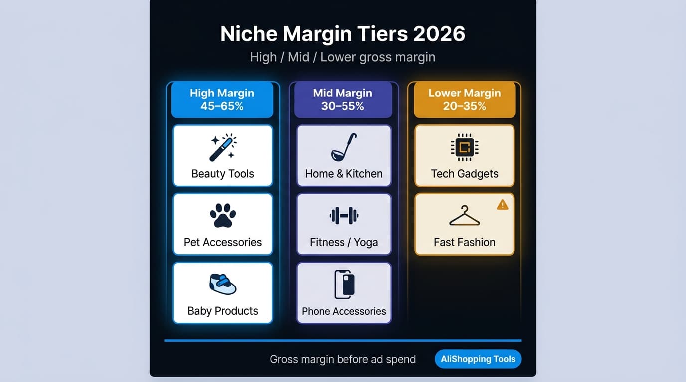 Niche margin tiers 2026 showing high mid and low margin dropshipping categories