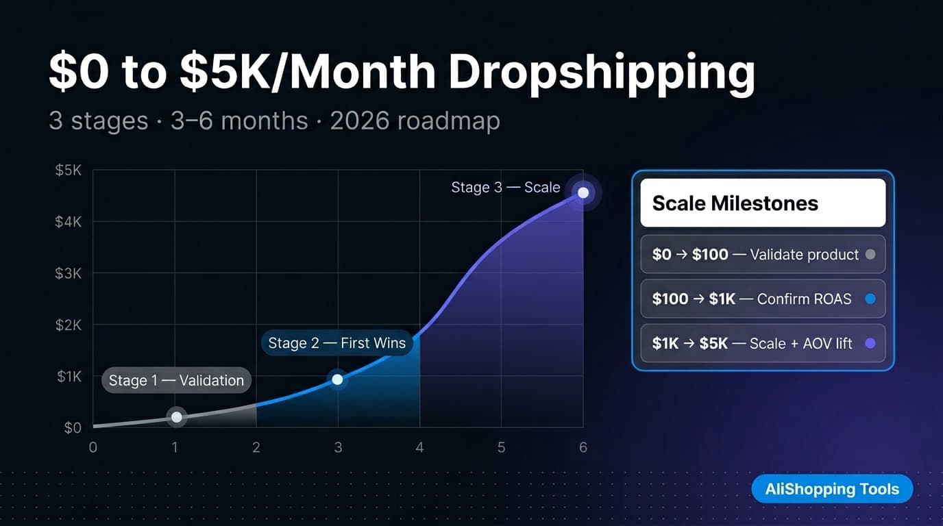 Dropshipping revenue growth curve showing stages from zero to 5k monthly 2026
