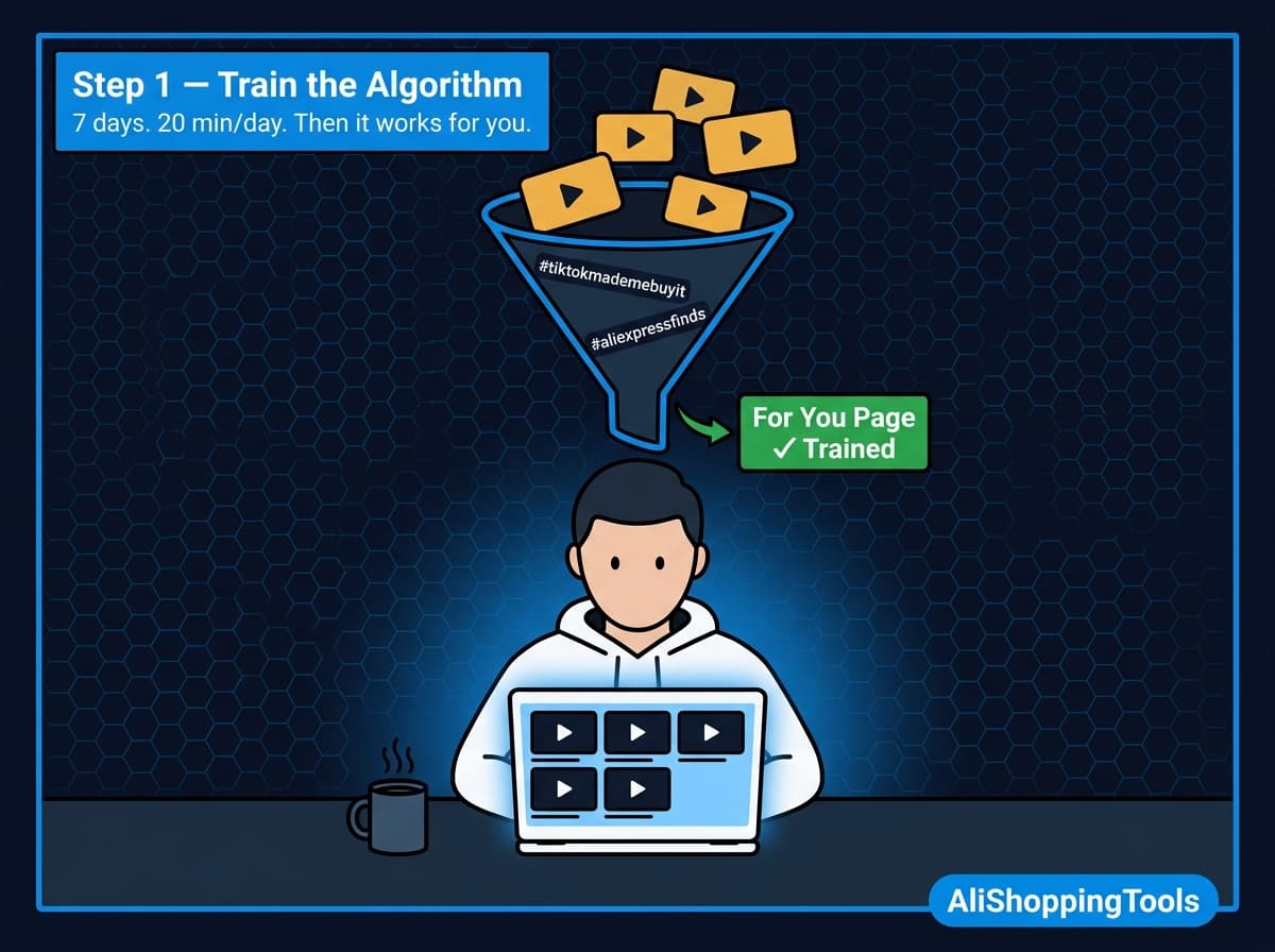 Step 1 — Train the TikTok algorithm for product research: funnel feeding product videos into a trained For You Page — AliShopping Tools