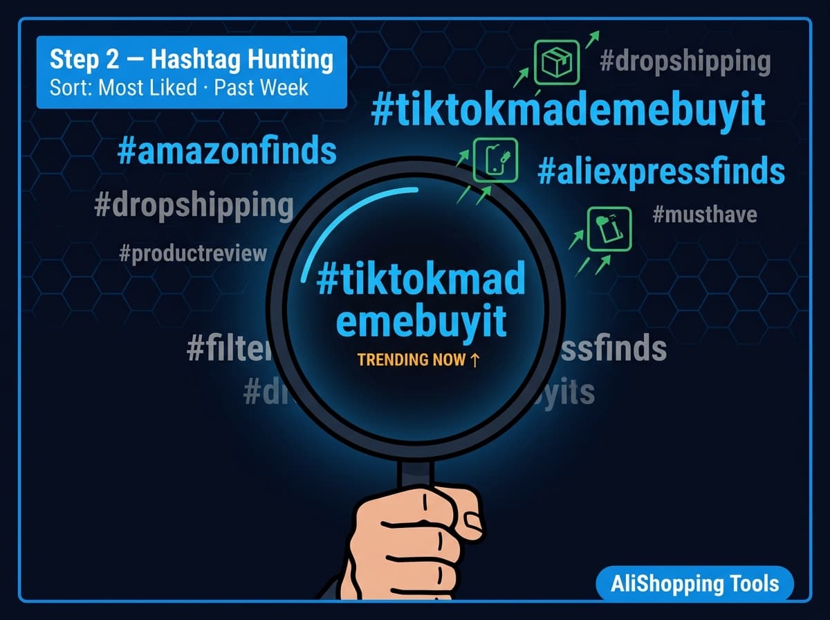 Step 2 — Active hashtag hunting: magnifying glass on trending hashtags, products rising from bright signals — AliShopping Tools