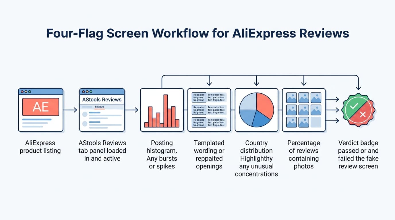 Workflow diagram of the 30-second four-flag screen — an AliExpress listing open with the AStools Reviews tab loaded beside it, and four manual checks the reader runs: posting dates, review openings, buyer countries, and photo reviews