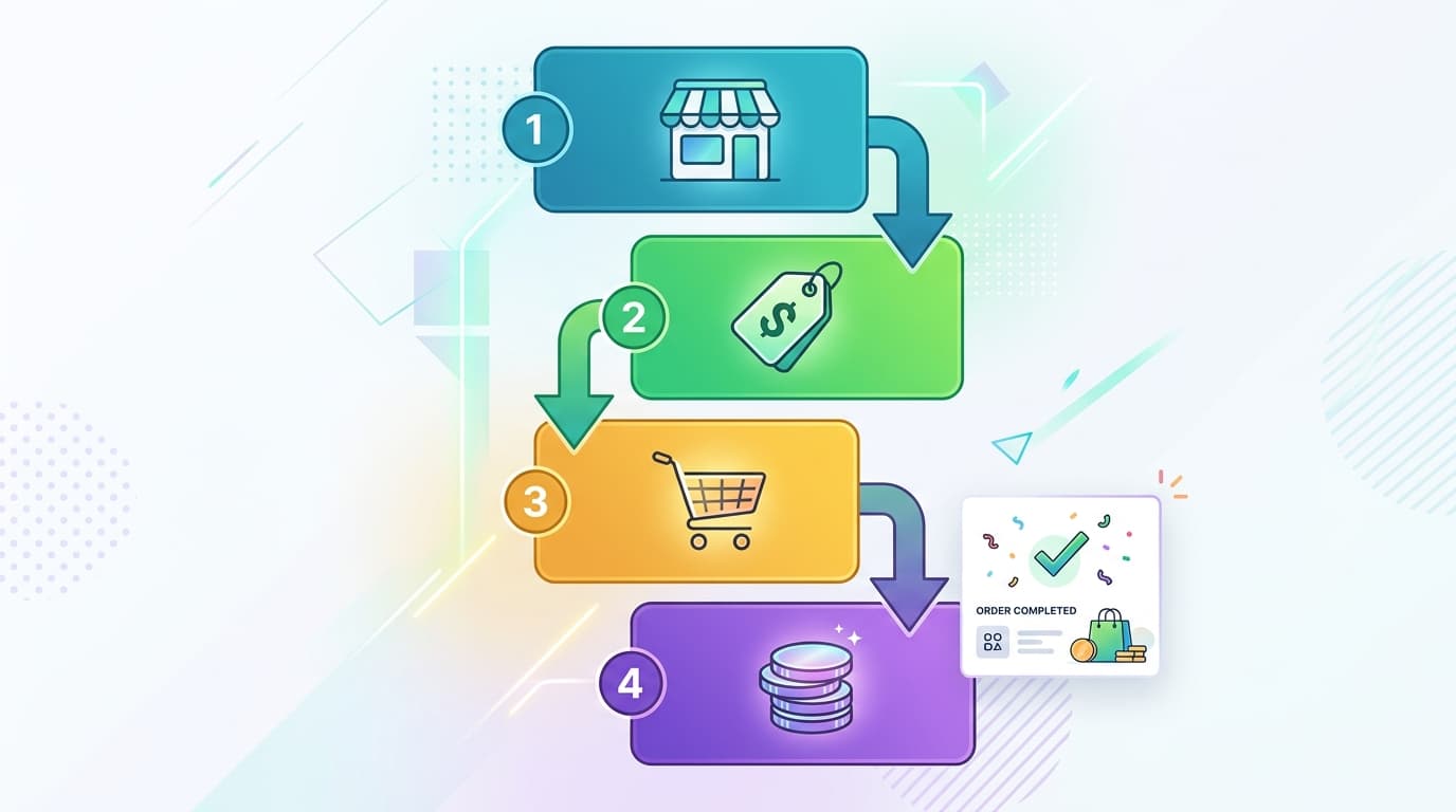 Four-step shopping workflow for stacking AliExpress promo codes at checkout