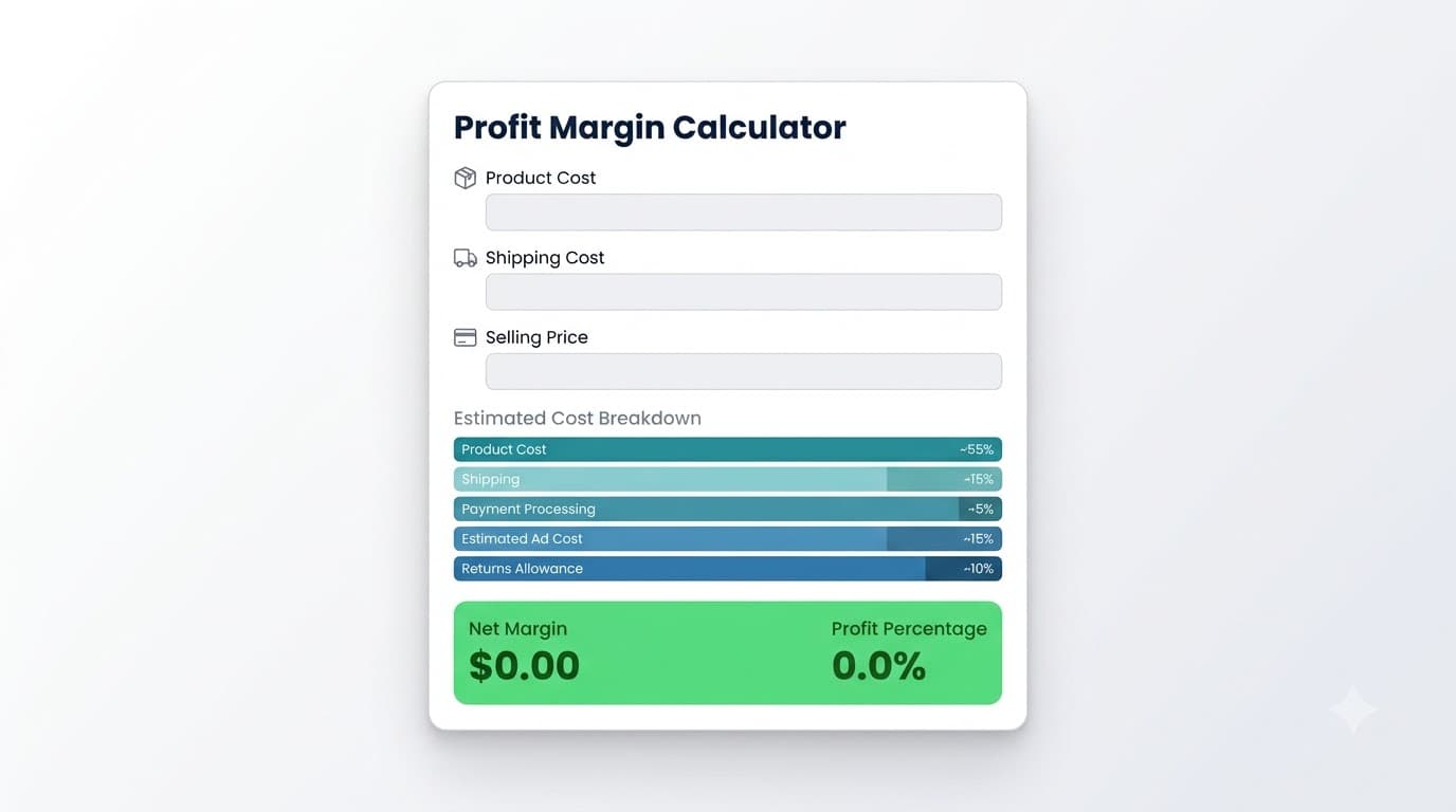 Margin calculator showing cost breakdown for an AliExpress product