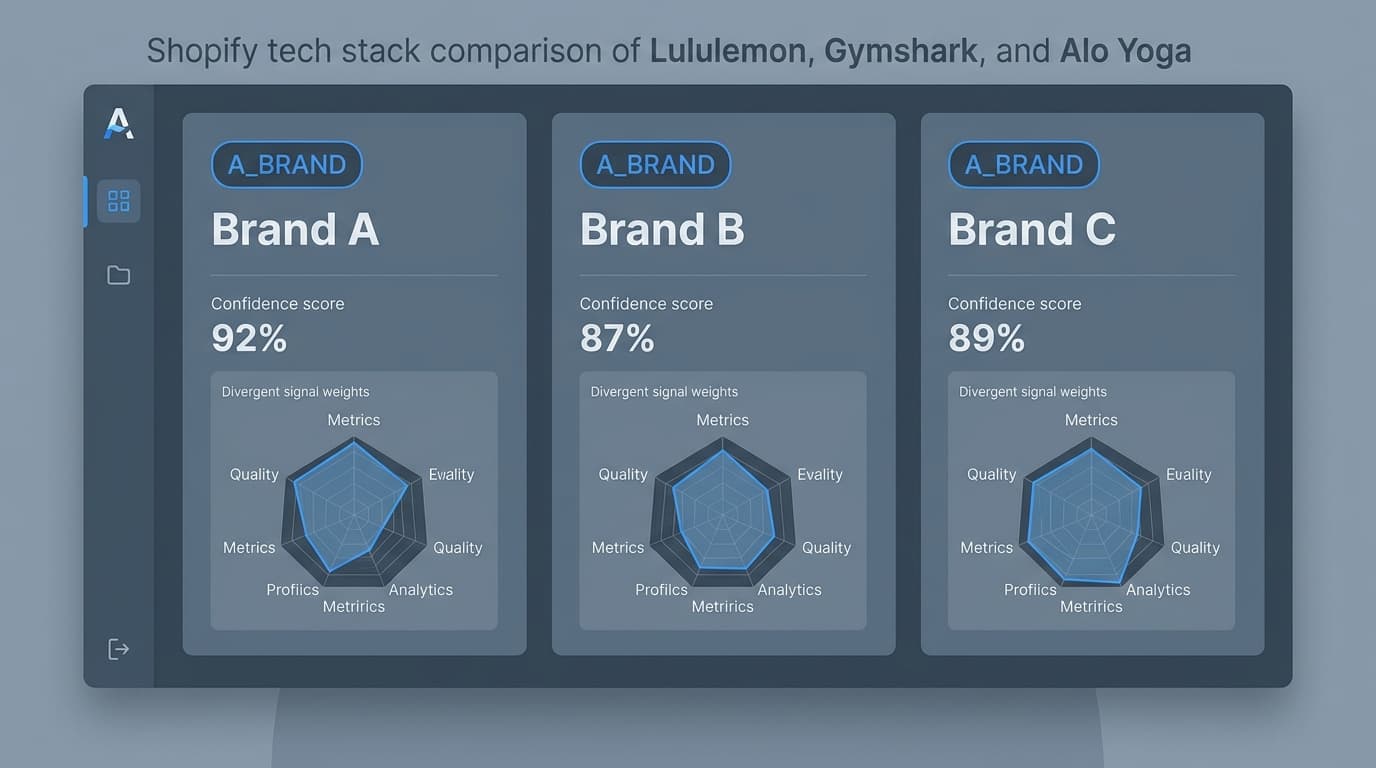AStools store classification panel comparing Lululemon, Gymshark, and Alo Yoga: A_BRAND classification across all three with divergent confidence and signal weights — placeholder mockup pending FE-news image refresh
