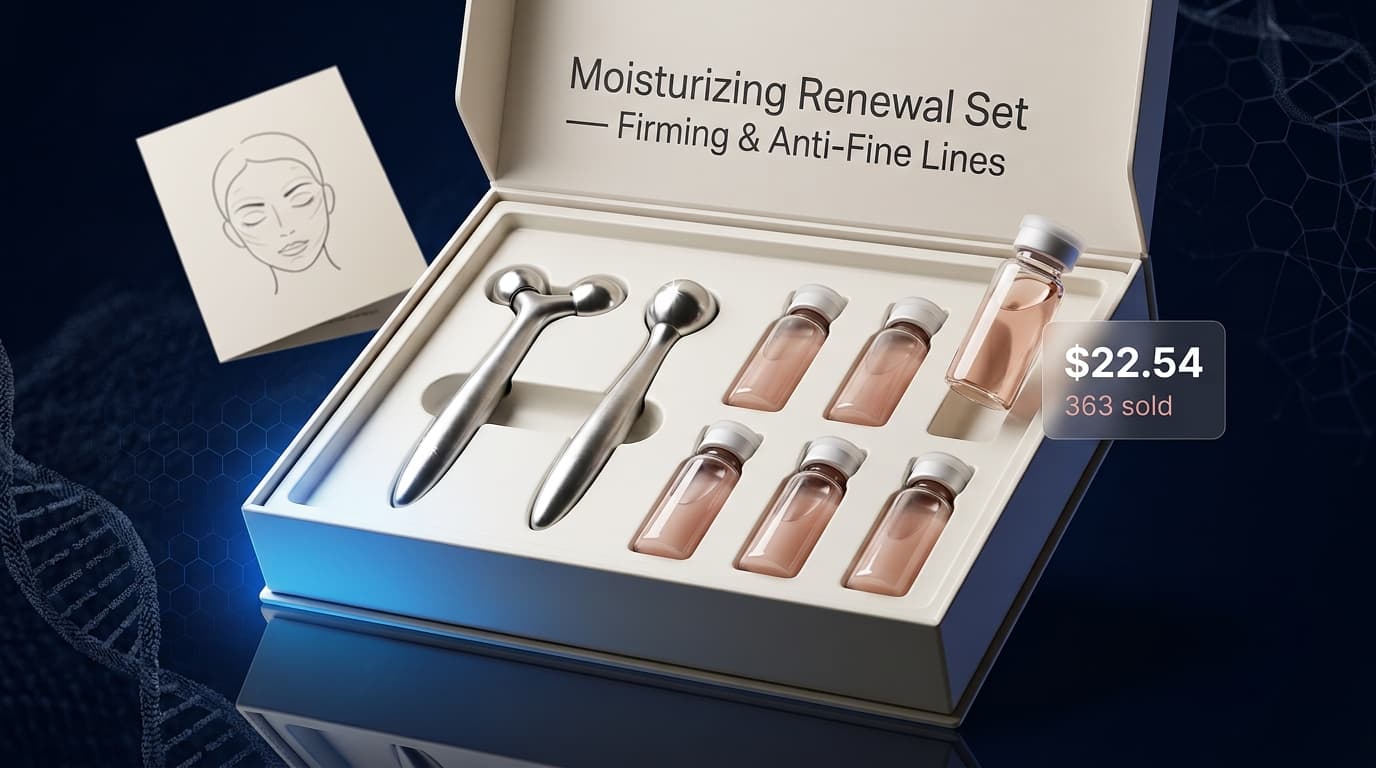 Korean Moisturizing Renewal Set — opened box with 2 tools and 6 bottles, real price badge $22.54, 363 sold