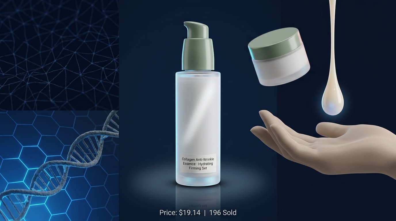 Collagen Anti-Wrinkle Essence bottle and jar with falling serum bead, real price badge — $19.14, 196 sold