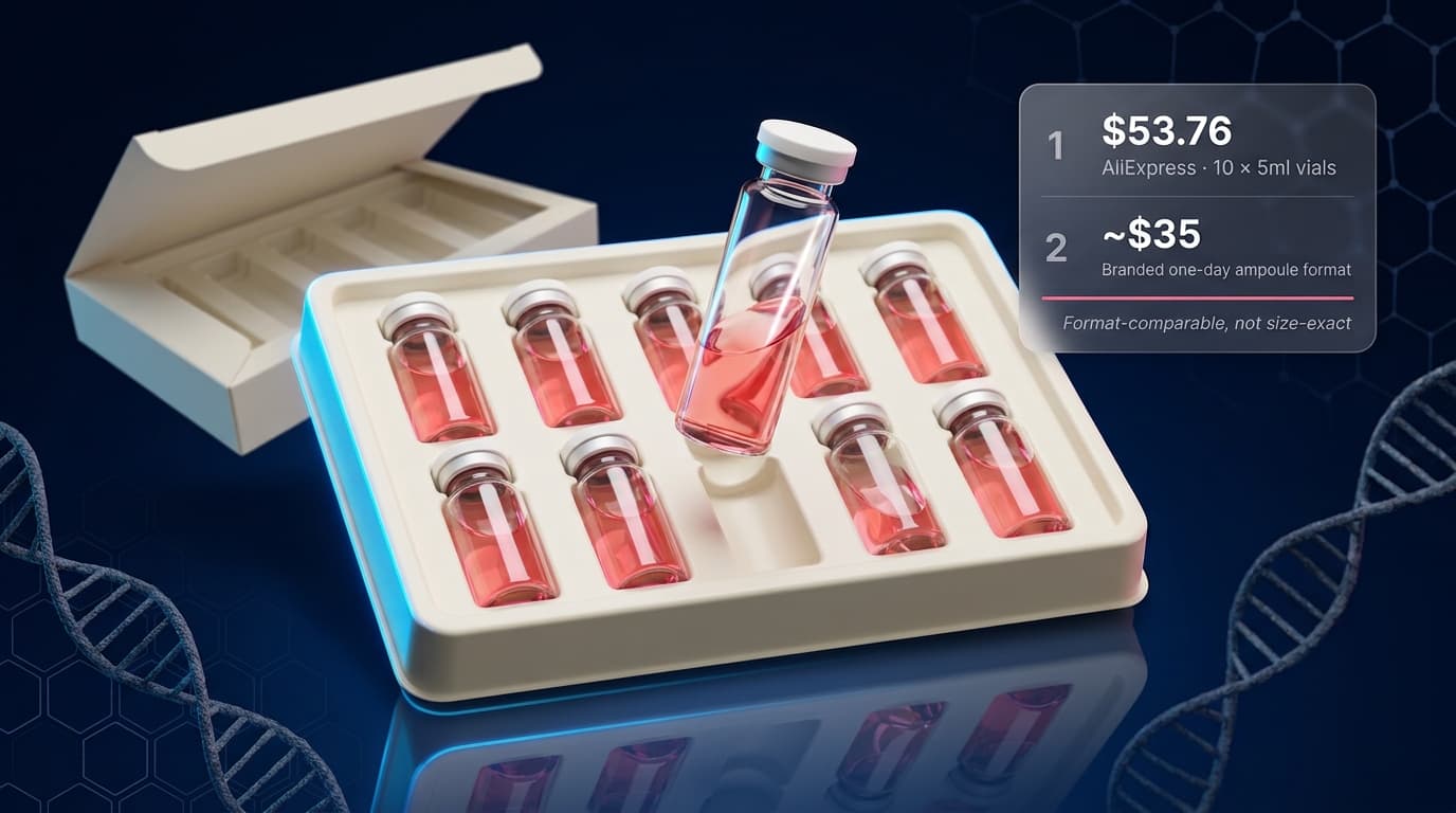 Sanendi Pink PDRN Hyaluronic Acid Ampoule vials with real price comparison card — $53.76 AliExpress 10x5ml vs ~$35 branded one-day format, format-comparable not size-exact