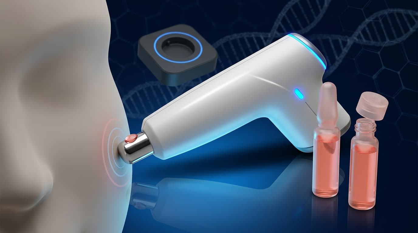 Sanendi Nad+EXO PDRN meso-gun device with ampoule vials, facial application demo