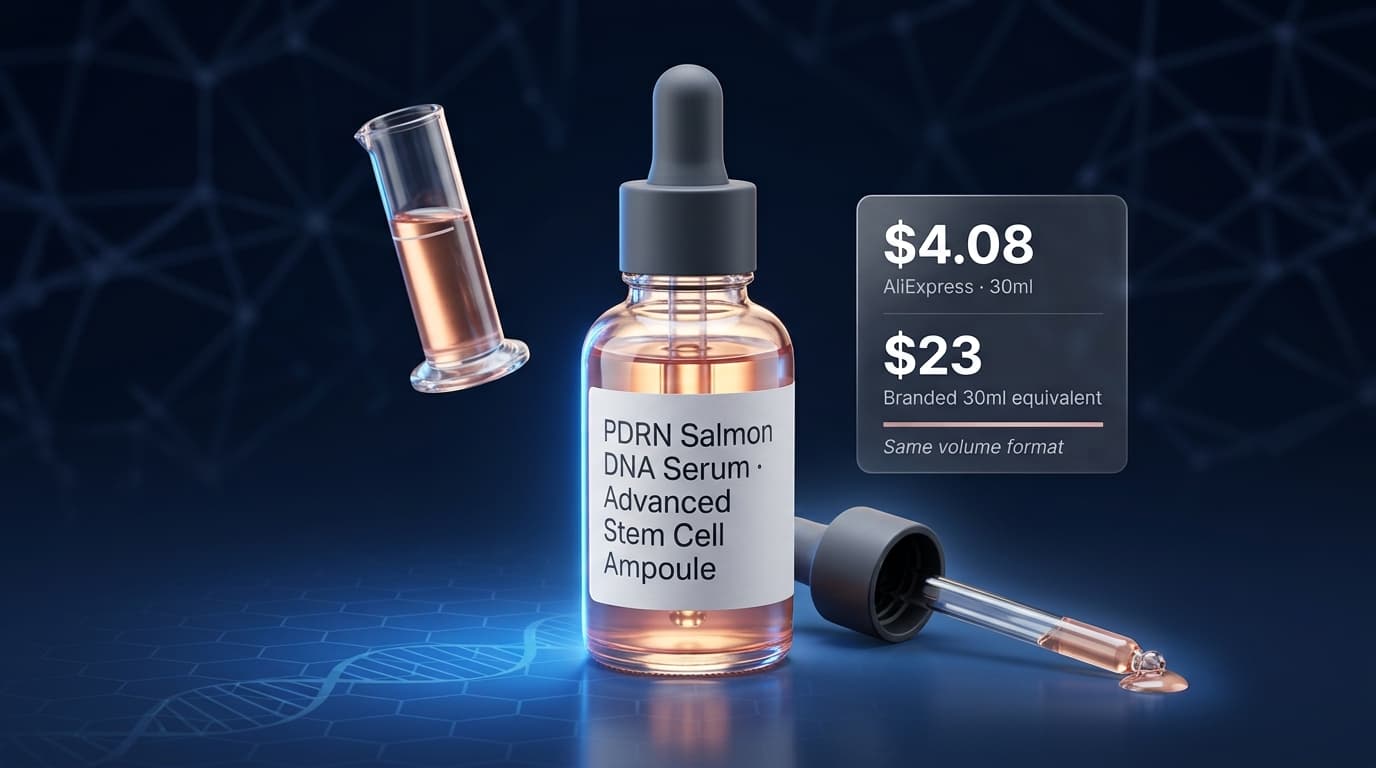 PDRN Salmon DNA Serum 30ml with real price comparison card — $4.08 AliExpress 30ml vs $23 branded 30ml equivalent, same volume format