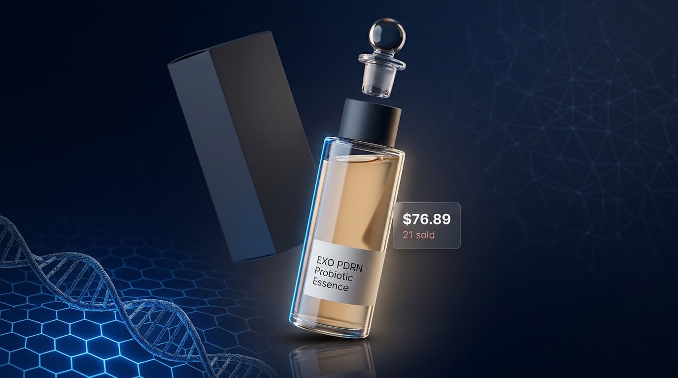 EXO PDRN Probiotic Essence bottle with real price badge — $76.89, 21 sold