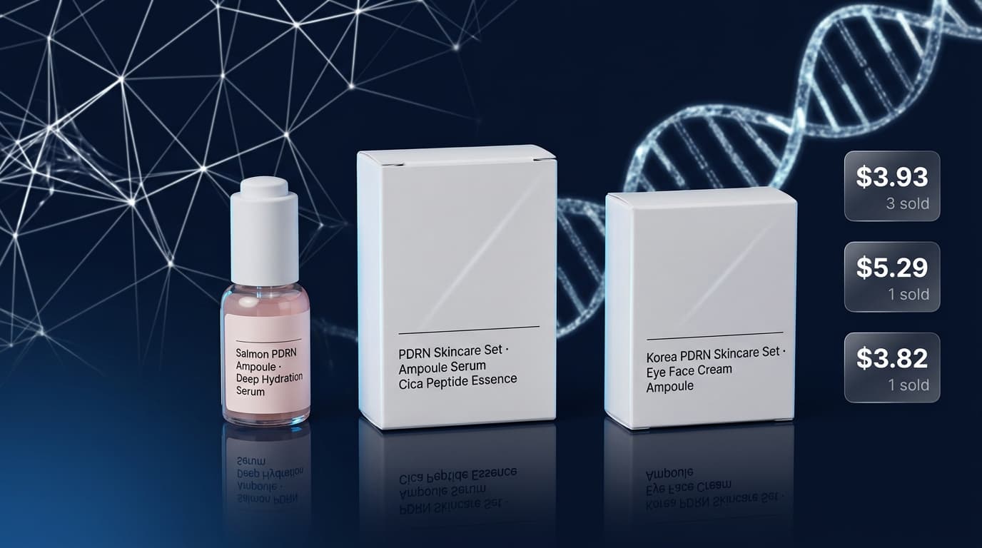 Three budget PDRN skincare products with real price badges — $3.93 (3 sold), $5.29 (1 sold), $3.82 (1 sold)