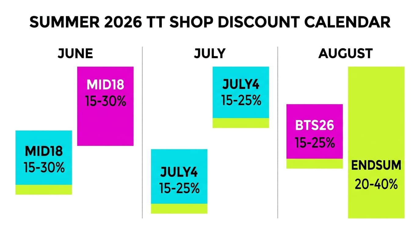 Calendar grid visualization of summer 2026 TT Shop discount events laid out across June, July, and August columns with code-prefix patterns and discount-depth bands marked per event