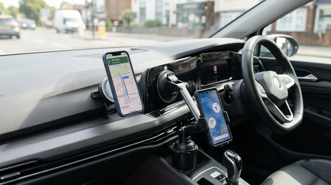 Three car phone mounts — MagSafe vent, suction dashboard, cup holder