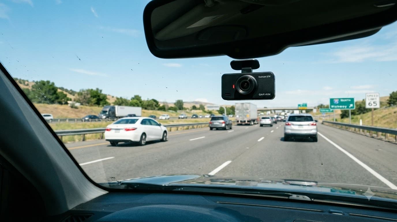 Compact dash cam mounted on windshield — sleek black design, road ahead