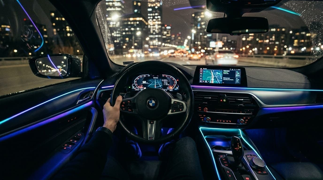 Car interior ambient LED fiber optic lights — teal and purple dashboard glow