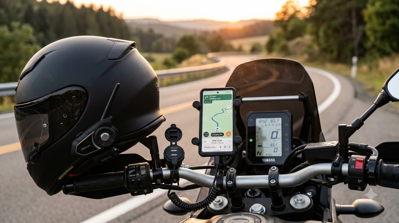 Motorcycle handlebar — Bluetooth helmet communicator, waterproof phone holder, USB charger