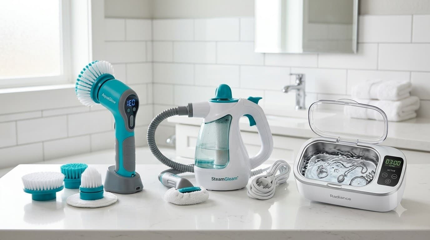 Modern cleaning gadgets — electric spin scrubber, steam mop, ultrasonic cleaner