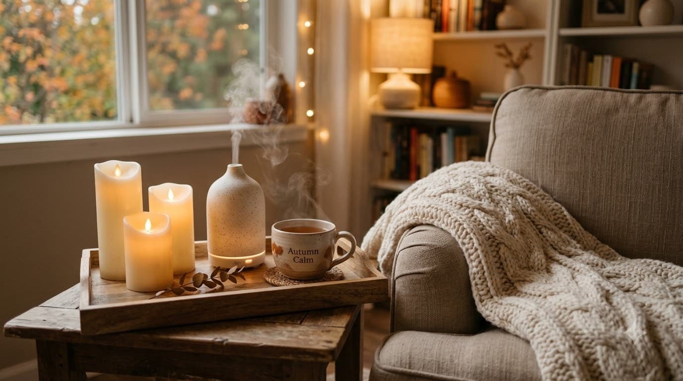 Cozy autumn living room — LED candles, knit throw, aromatherapy diffuser