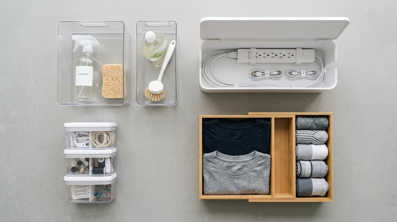 Home organization products flat-lay — under-sink bins, cable box, drawer dividers, stackable containers