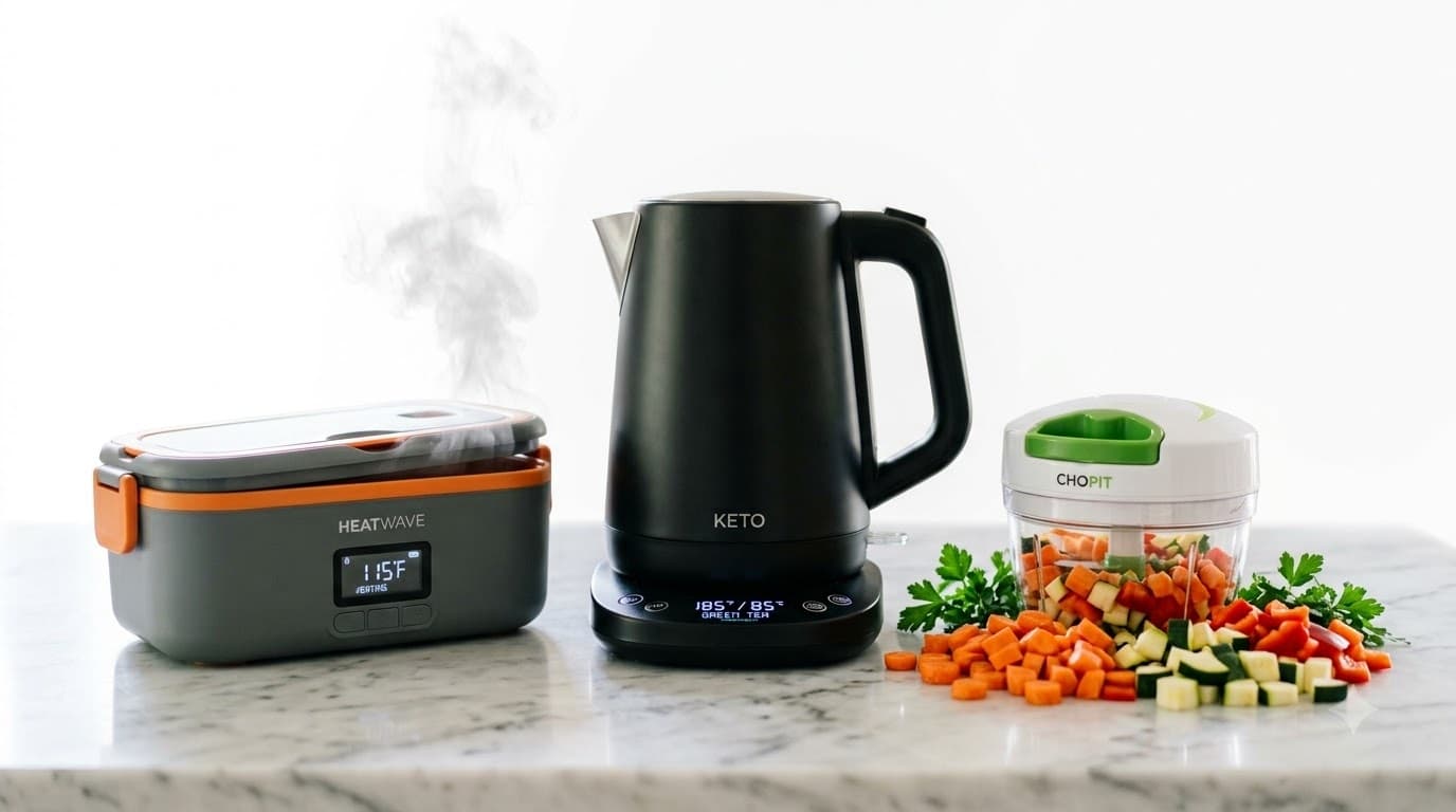 Smart kitchen gadgets arranged on a marble countertop — electric lunch box, smart kettle, and vegetable chopper