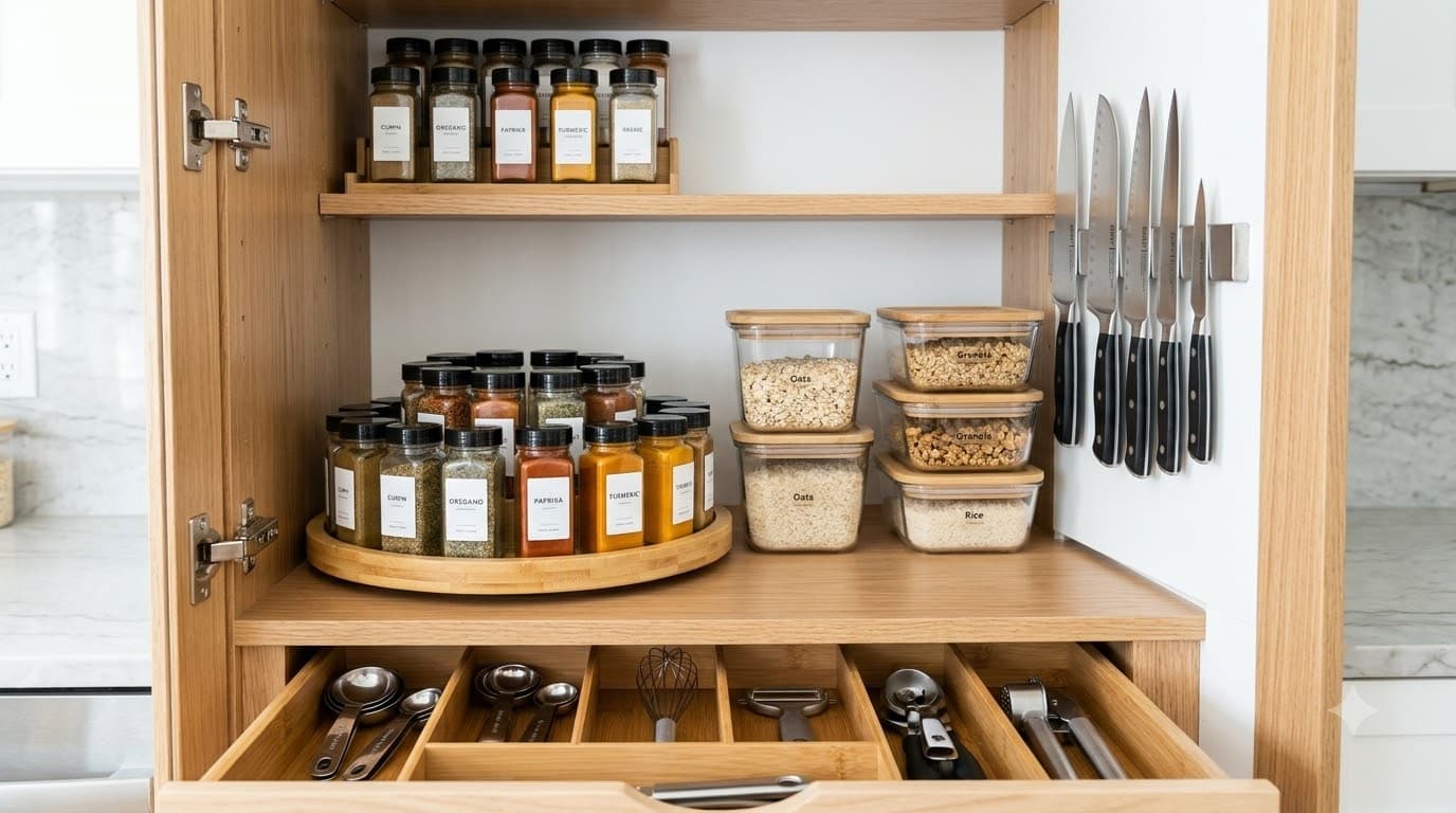 Organized pantry — lazy susan with spices, magnetic strip, stackable containers