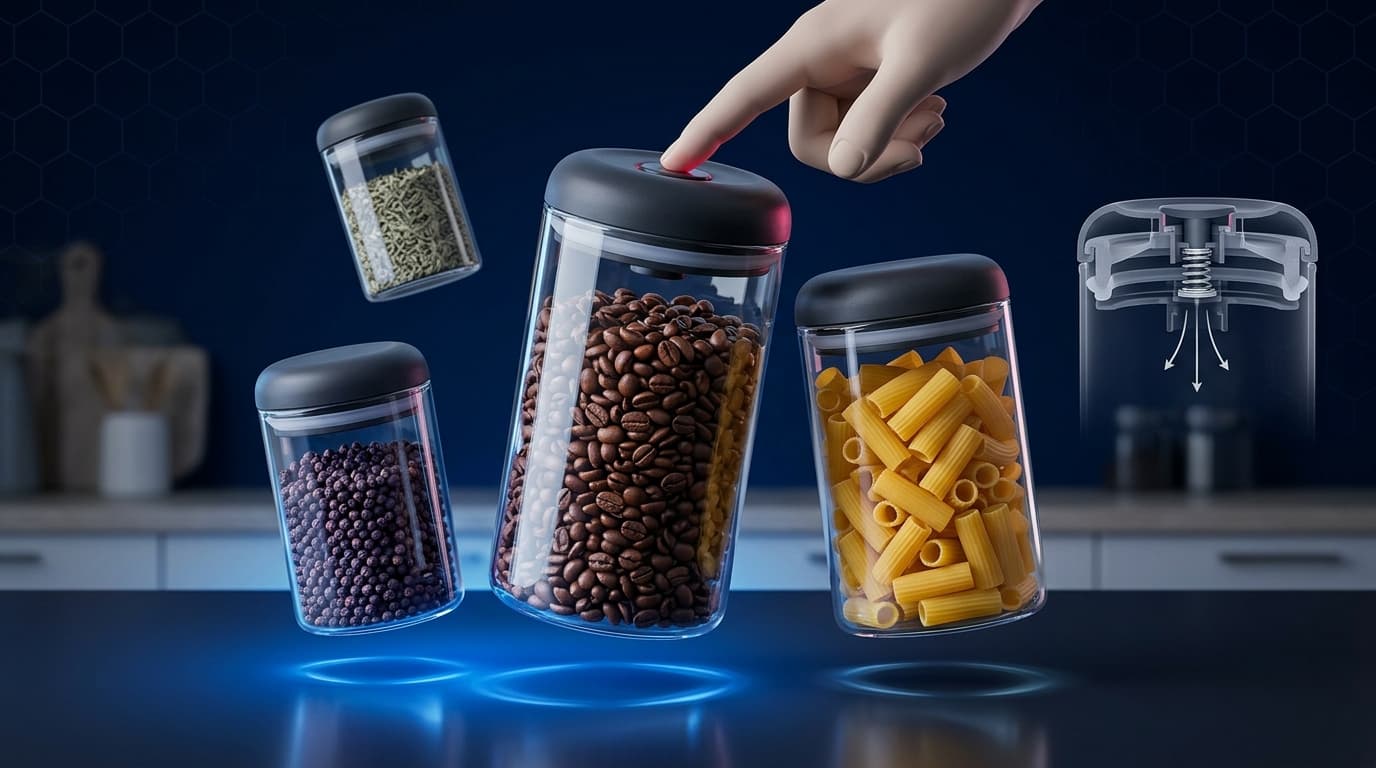 Vacuum-sealing food storage canister set push-to-seal — TikTok fridge organisation trend June 2026