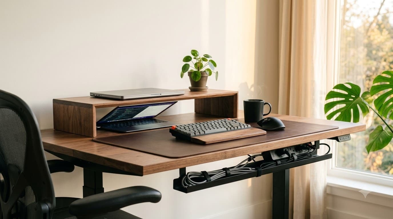 Minimalist desk setup — walnut monitor riser, leather desk mat, cable management